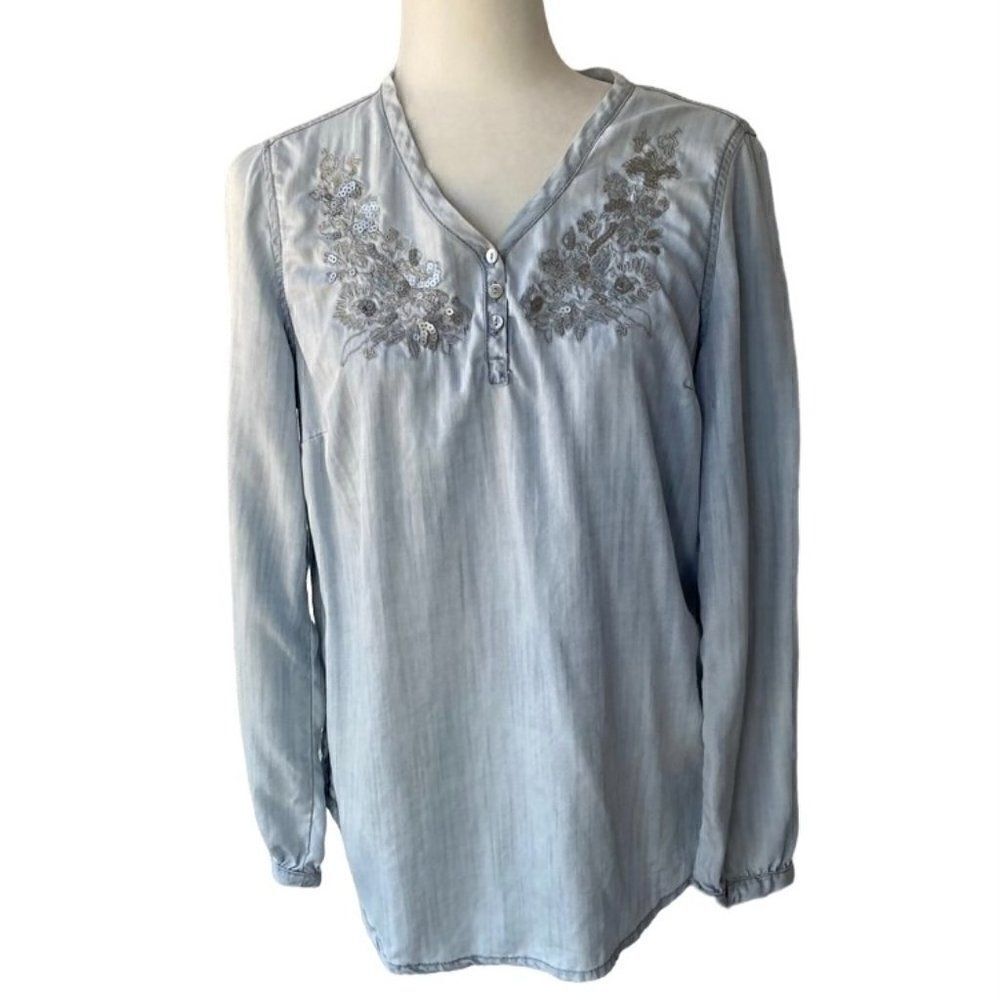 Chico’s Women’s Pullover V Neck Embellished Boho Top Chambray SZ 0